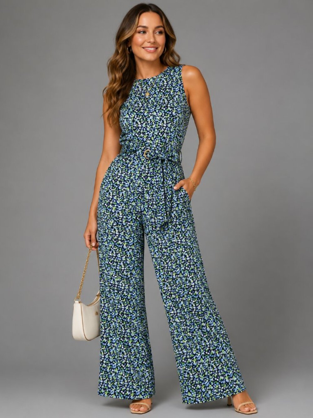 Michael Kors Floral Print Sleeveless Wide Leg Jumpsuit Belted Size S